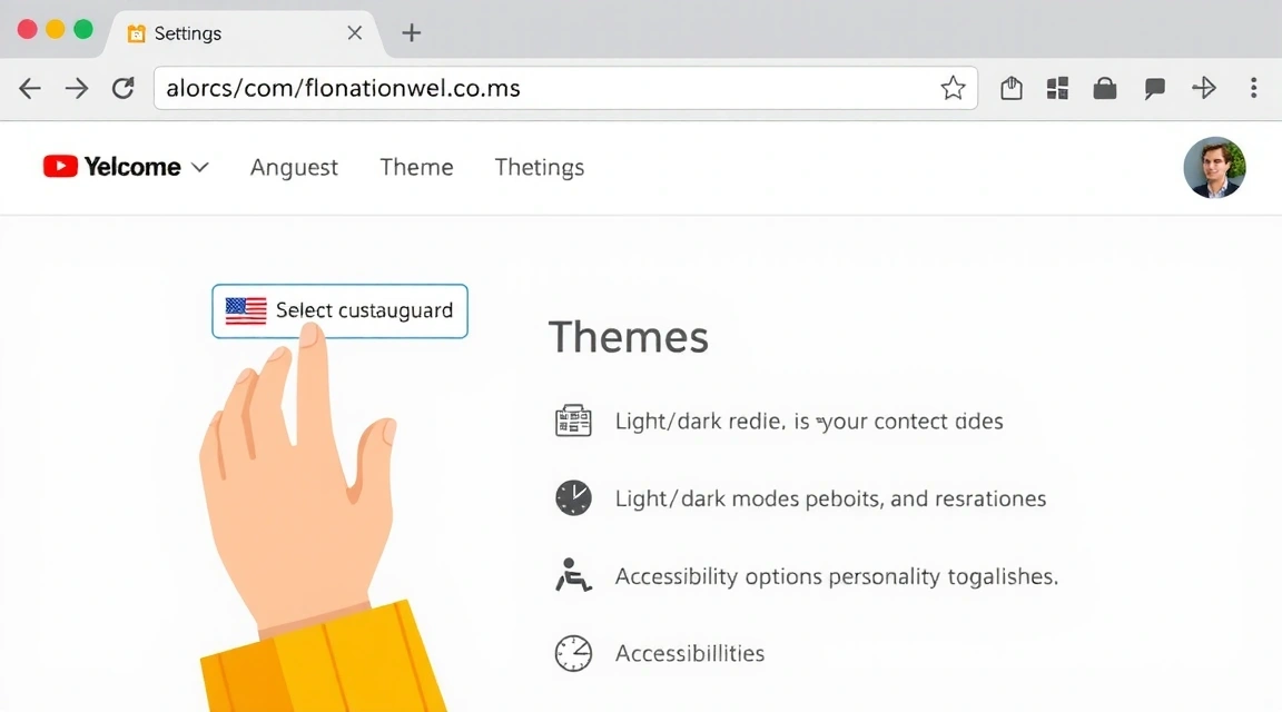 Illustration of a user customizing website settings, with icons for language, theme, and accessibility.