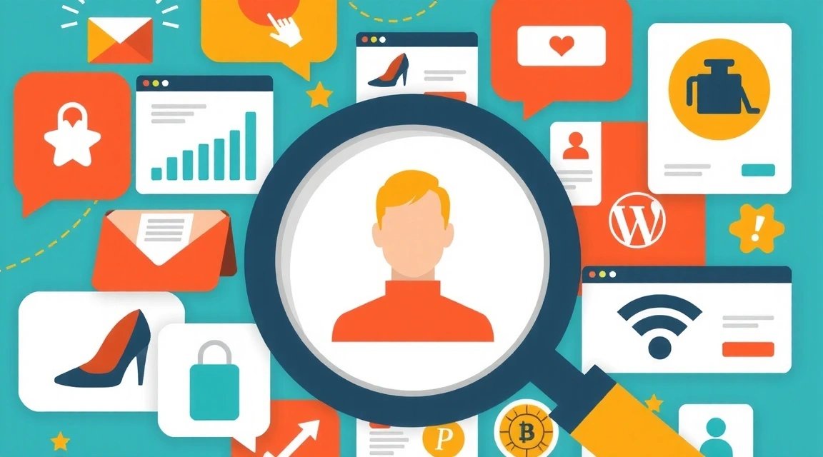 Illustration of targeted advertising, with a magnifying glass over a user profile and relevant ads.